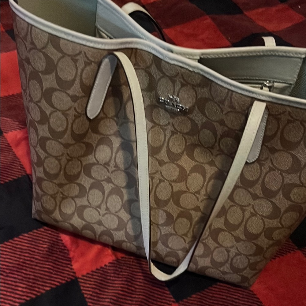 Coach Brown Monogram Tote Bag with Leather Trim